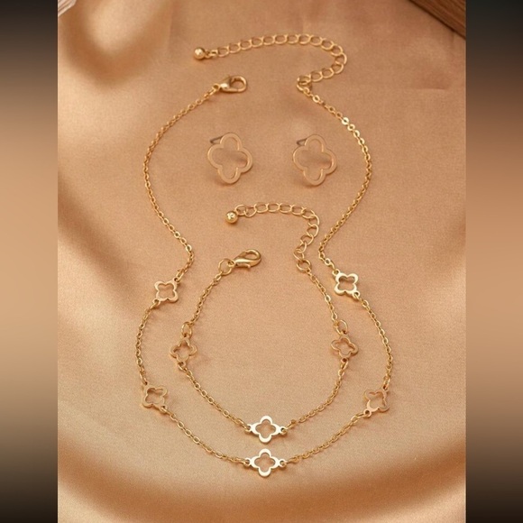 Set of Geometric Hollow Out Flower Chain Necklace, Bracelet, & Earrings - Picture 4 of 5